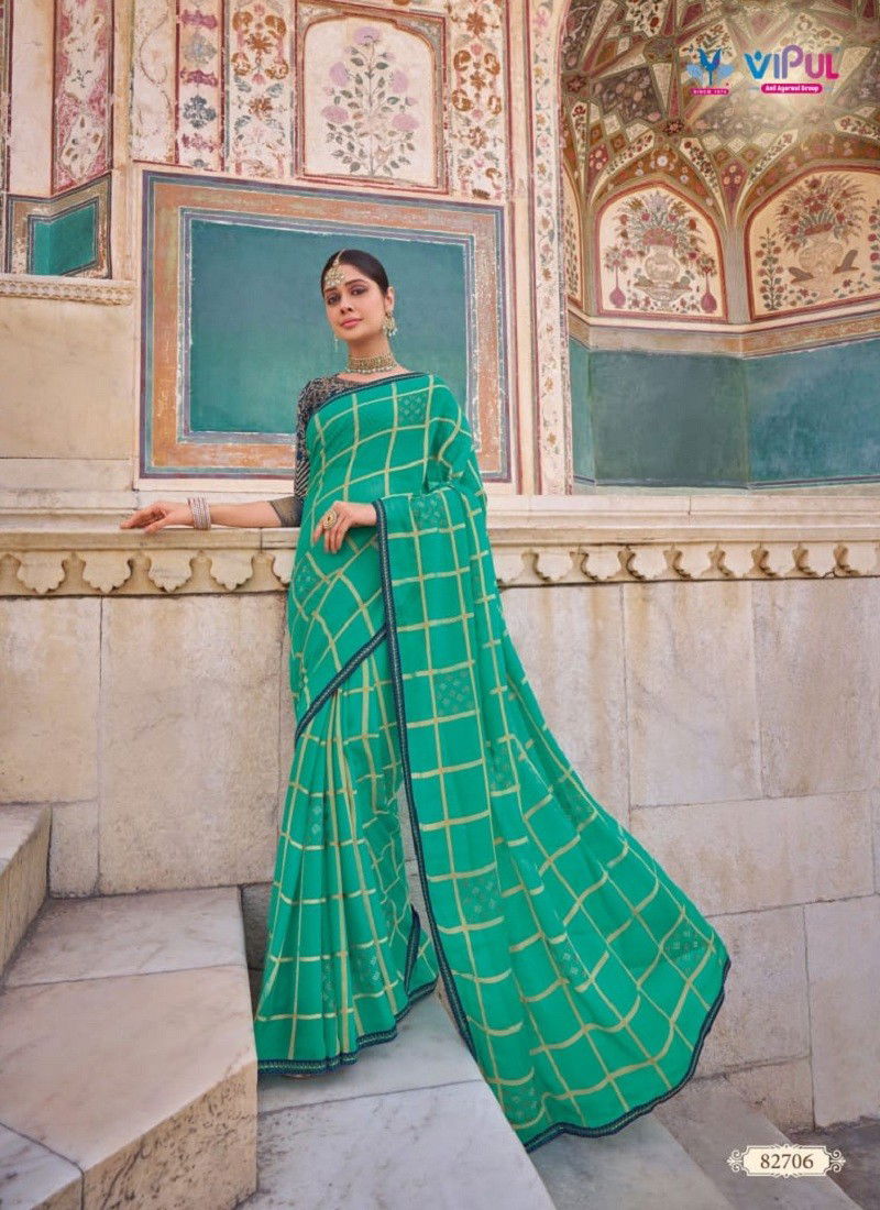 Teal Green Colour Raj Rani Vol 2 By Vipul Weaving Chiffon Saree Surat Wholesale Market 82706