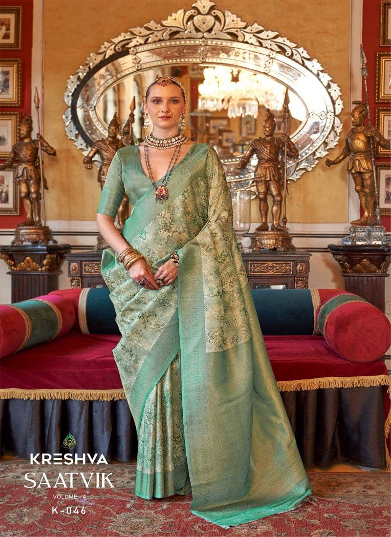 Teal Green Colour Saatvik Vol 4 By Kreshva Tusser Silk Digital Printed Saree Orders In India K-046