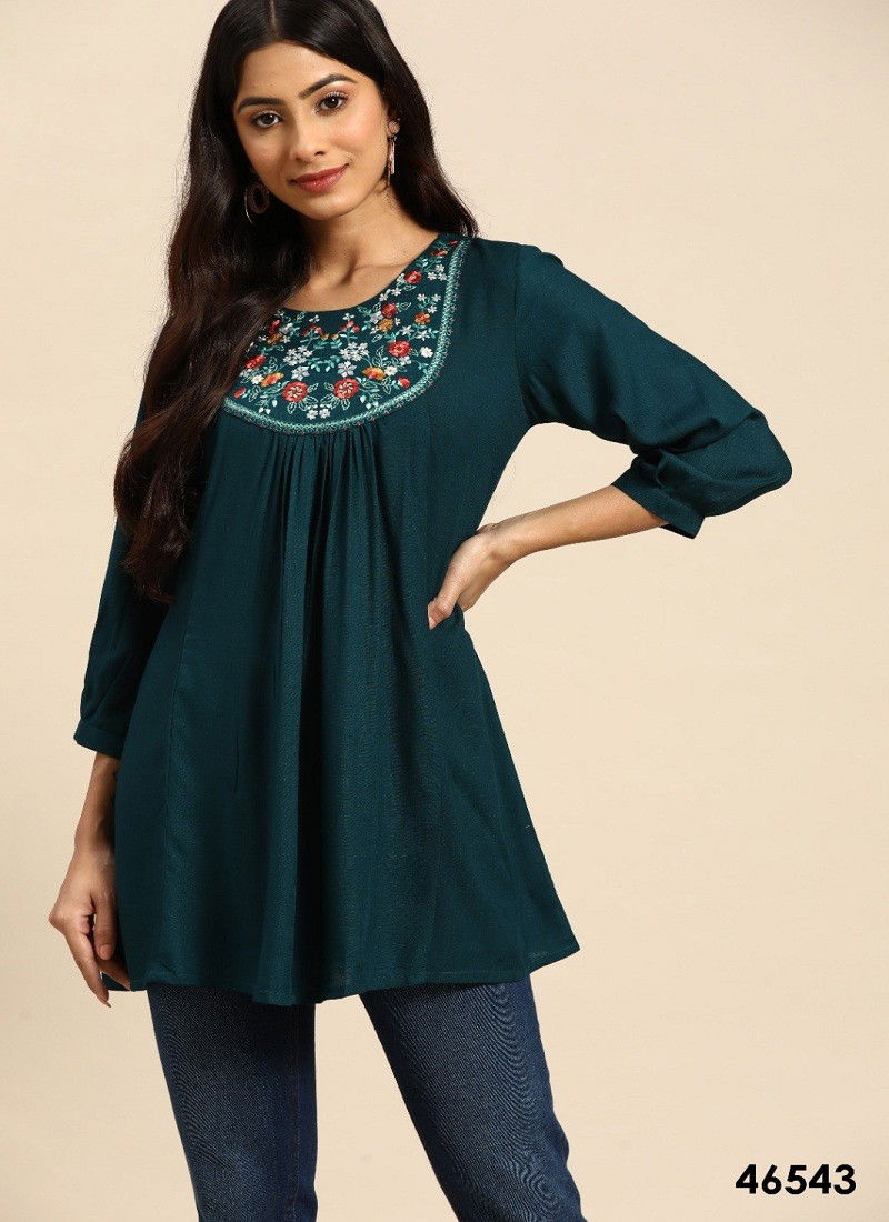 Teal Green Colour Short Top Vol 1 By Mahotsav Embroidered Rayon Wester Top Exporters In India 46543