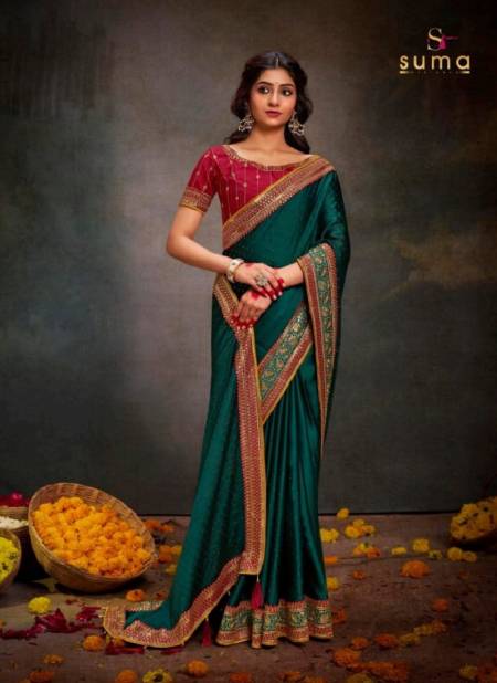 Teal Green Colour Silk Sanchi By Suma Designer Occasion Wear Saree Wholesale Shop In Surat 3003