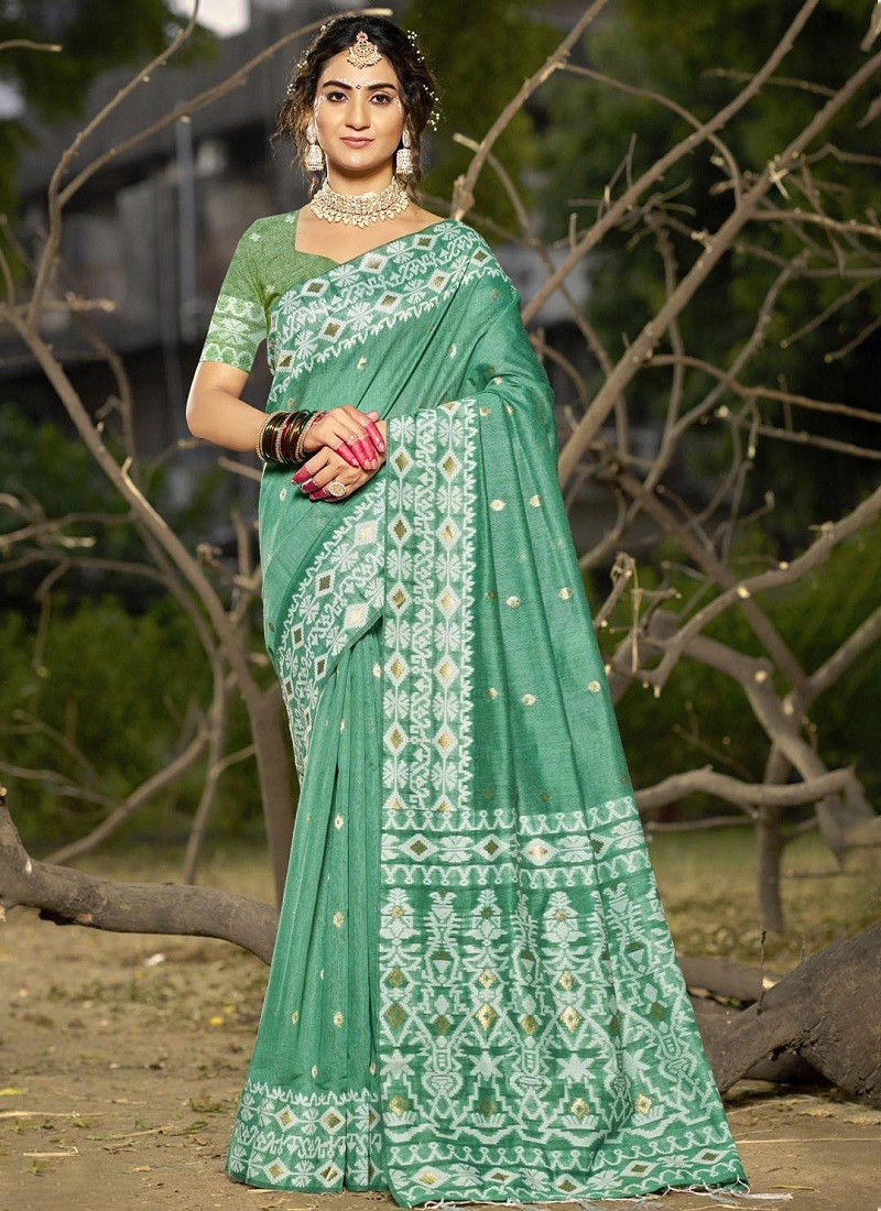 Teal Green Colour Silver Linen Cotton By Bunawat Designer Wedding Saree Suppliers In India 1001