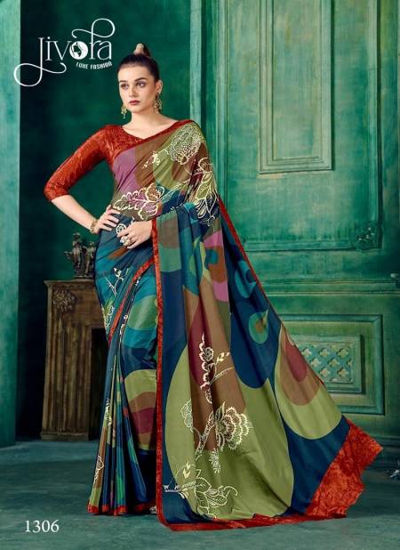 Teal Multi Colour Rio By Jivora 1305 to 1318 Crepe Digital Printed Summer Wear Saree Wholesale Price In Surat 1306