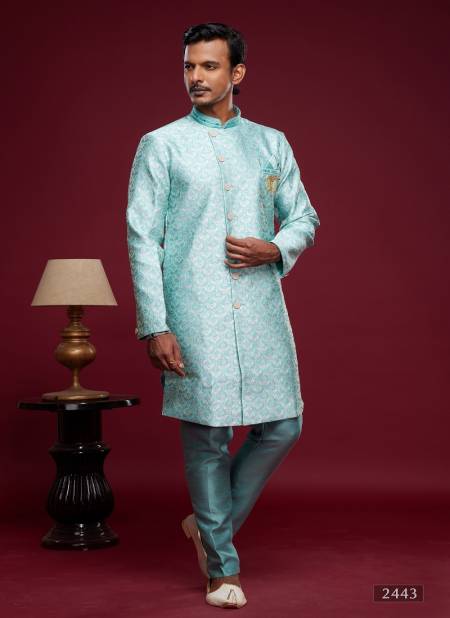 Turquoise Blue Colour Exclusive Partywear Menswear Indo Western Catalog 2443