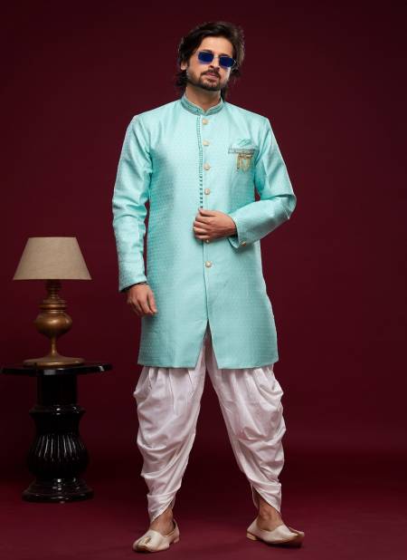 Turquoise Blue Colour Mens Partywear Indo Western Catalog 2407