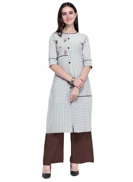 White Kurti With Velentino Rayon Latest Designer Party Wear Casual Wear Embroidery And Embellished Work Stylish Kurtis With Brown Plazzo 442