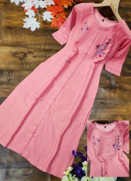 Pink Designer Velentino Cotton Milange Embroidery Work Party Wear Stylish Rich Look Kurtis 473
