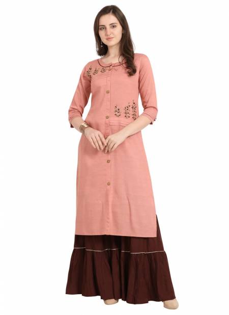 Light Pink Designer Rayon Velentino Casual Embroidery Work Party Wear Stylish Kurtis With Rayon Sharara collections 468