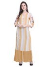 White And Yellow Color Velentino Rayon Strip Print Hand Work Designer Kurti 428