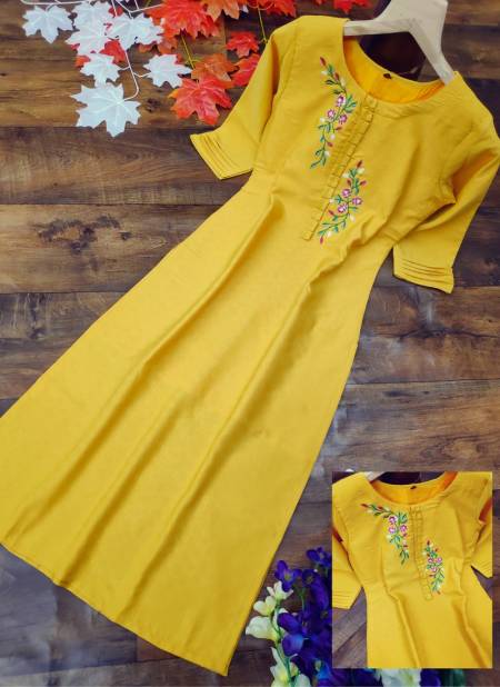 Yellow Festive Designer Velentino Cotton Milange Embroidery Work Party Wear Stylish Kurtis 470