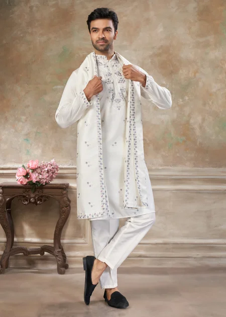 White Color Outluk Wedding Vol 46 Silk Embroidered Pintex Work Kurta With Pajama Manufacturers 4602
