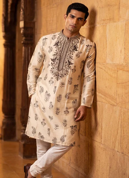 Cream Color Outluk Wedding Vol 46 Roman Silk Embroidered Pintex Work Kurta With Pajama Manufacturers 4604 