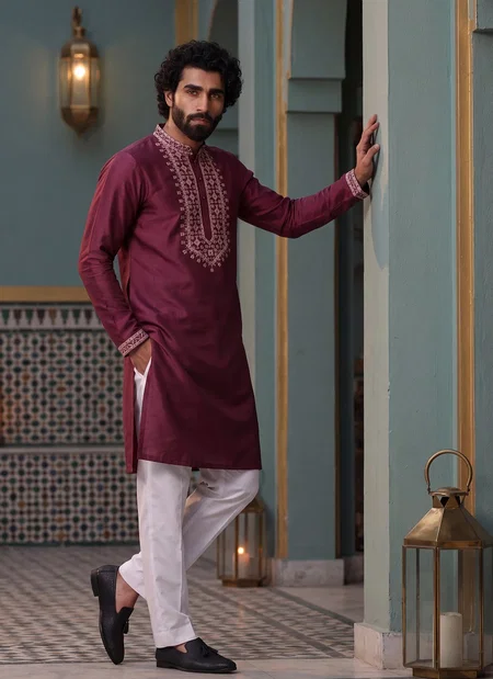 Wine Color Outluk Wedding Vol 46 Roman Silk Embroidered Pintex Work Kurta With Pajama Manufacturers 4607