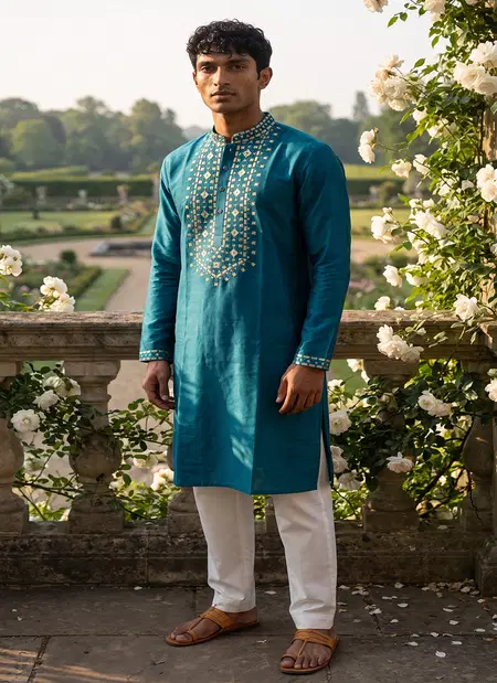 Blue Color Outluk Wedding Vol 46 Roman Silk Embroidered Pintex Work Kurta With Pajama Manufacturers 4608