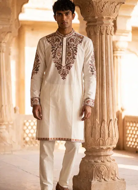 White Color Outluk Wedding Vol 46 Inported Lachka Fabric Embroidered Pintex Work Kurta With Pajama Manufacturers 4609
