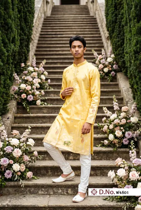 Yellow Colour Outluk Wedding Vol 48 Pure Silk Fabric With Embroidery Work Mens Wear Kurta Payjama W4801