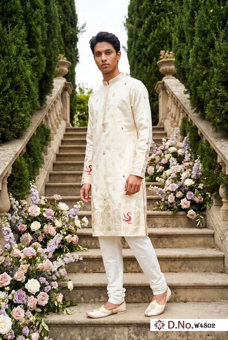  Cream Color Outluk Wedding Vol 48 Pure Silk Fabric With Embroidery Work Mens Wear Kurta Payjama W4802