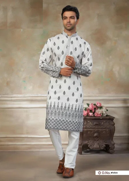 Grey Color Outluk Wedding Vol 48 Pure Silk Fabric With Embroidery Work Mens Wear Kurta Payjama W4803 