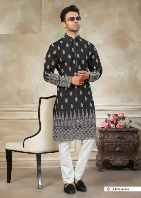 Black Color Outluk Wedding Vol 48 Pure Silk Fabric With Embroidery Work Mens Wear Kurta Payjama W4805 