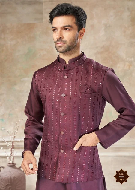 Maroon Color Outluk Wedding Vol 52 Satin Silk Mens Modi Jacket Kurta Pajama 5201