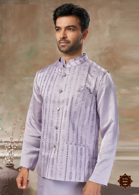 Purple Color Outluk Wedding Vol 52 Satin Silk Mens Modi Jacket Kurta Pajama 5202