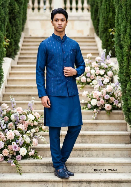 Blue Color Outluk Wedding Vol 52 Satin Silk Mens Modi Jacket Kurta Pajama 5203 