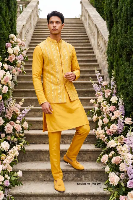 Yellow Color Outluk Wedding Vol 52 Satin Silk Mens Modi Jacket Kurta Pajama 5204