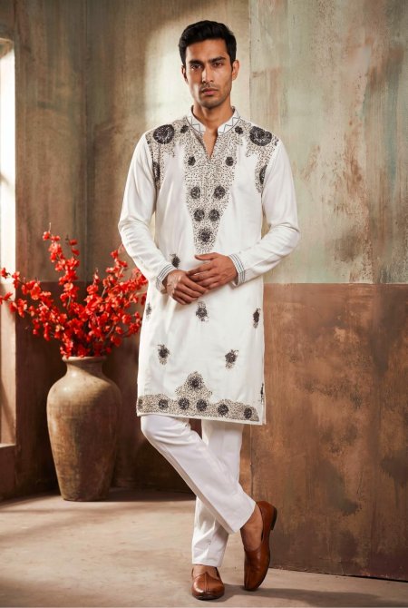White Outluk Wedding Vol 54 Heavy Lachaka Mens Kurta With Pajama 5405 