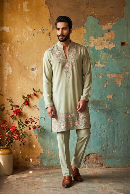 Light Green Outluk Wedding Vol 54 Heavy Lachaka Mens Kurta With Pajama 5407 