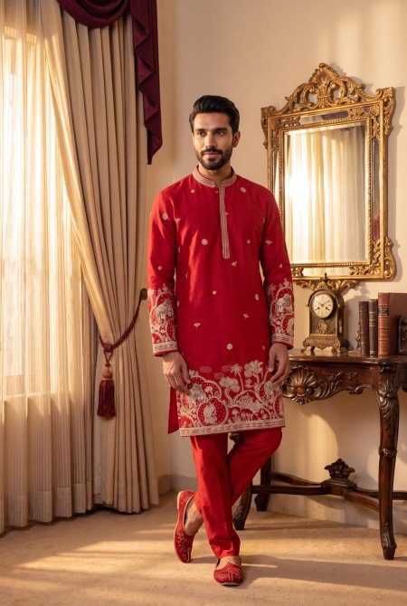 Red Outluk Wedding Vol 54 Heavy Lachaka Mens Kurta With Pajama 5410 