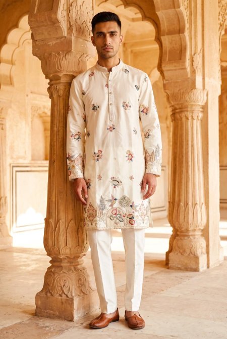 Cream Outluk Wedding Vol 55 Lachaka Silk Mens Kurta With Pajama 5501 
