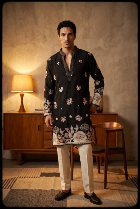 Black Outluk Wedding Vol 55 Lachaka Silk Mens Kurta With Pajama 5502 