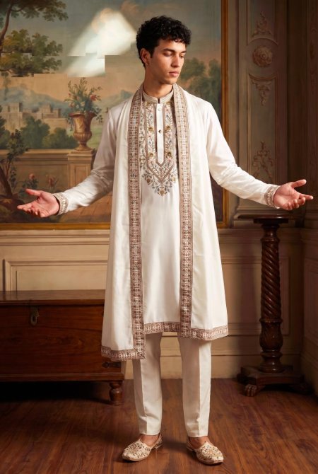 Cream Outluk Wedding Vol 55 Lachaka Silk Mens Kurta With Pajama 5503 