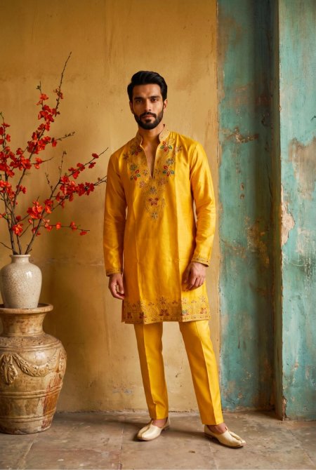 Yellow Outluk Wedding Vol 55 Lachaka Silk Mens Kurta With Pajama 5505 