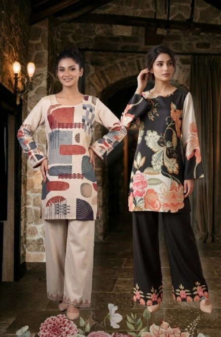 Modern Co Ord Set Vol 5 By Jisha Dull Satin Printed Co Ord Set