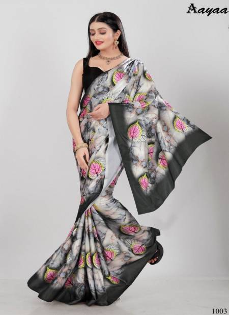 White And Black Colour Aaradhna Vol 1 By Aayaa Satin Digital Printed Designer Saree Catalog 1003