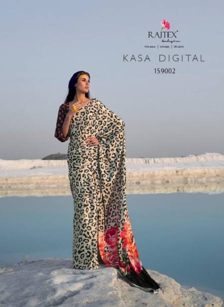 White And Black Colour Kasa Digital 159001 TO 159009 By Rajtex Satin Crepe Saree Wholesale Market In Surat With Price 159002