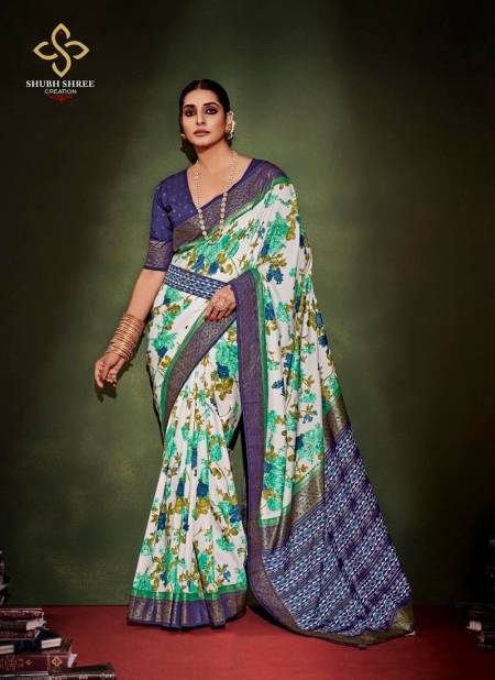White And Blue Colour Anusharam By Shubh Shree Velvet Tussar Silk Designer Saree Catalog 1006