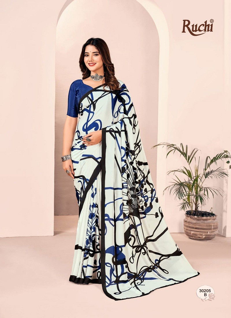 White And Blue Colour Vivanta Silk 28th Edition By Ruchi Printed Silk Crepe Saree Wholesalers in Delhi 30205-B