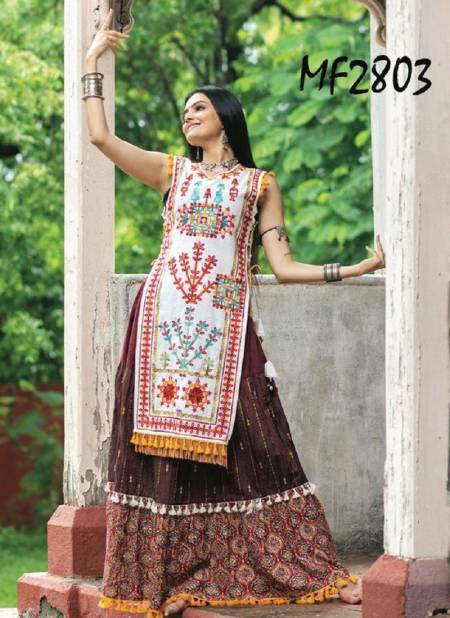 White And Brown Colour MF Mesmora Atrangi Navaratri Special Kurti With Bottom Manufacturers MF2803