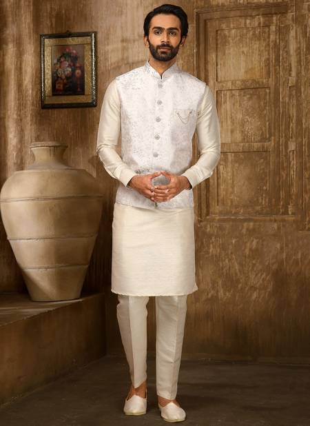 White And Cream Colour Function Wear Wholesale Kurta Pajama With Jacket Collection 1364