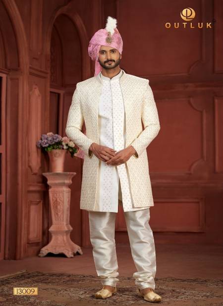 White And Cream Colour Outluk Wedding Collection Vol 13 Heavy Silk Mens Wear Sherwani Manufacturers 13009