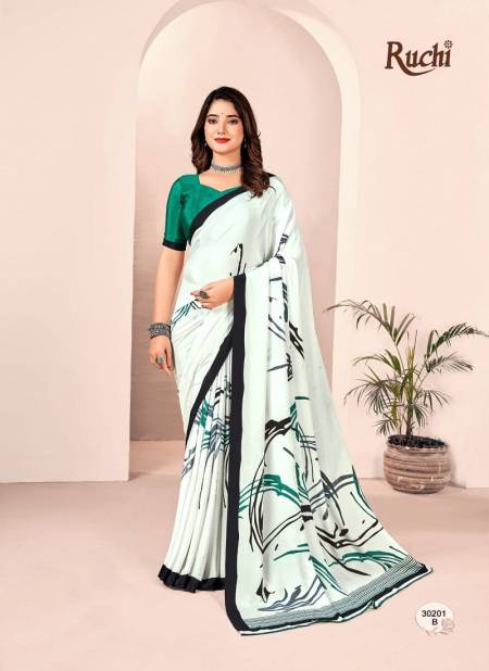 White And Firozi Green Colour Vivanta Silk 28th Edition By Ruchi Printed Silk Crepe Saree Wholesalers in Delhi 30201-B