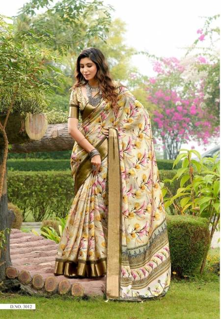 White And Gold Colour Vaani By Mahamani Creation Tussar Silk Printed Designer Saree Catalog 3012