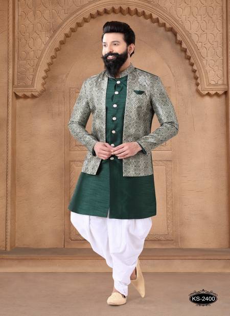 White And Green Colour 1632 Wedding Mens Wear Silk Indo Western Suppliers In India 1632-KS 2400