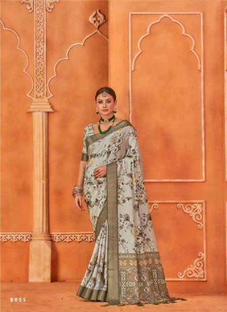 White And Green Colour Sakhi By Pankh Silk Printed Designer Saree Catalog 8009