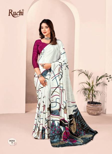 White And Magenta Colour Vivanta Silk 27th Edition By Ruchi Printed Silk Crepe Saree Wholesalers in Delhi 30202-A