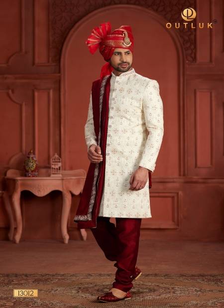 White And Maroon Colour Outluk Wedding Collection Vol 13 Heavy Silk Mens Wear Sherwani Manufacturers 13012