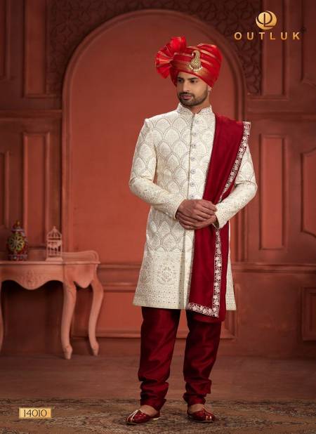 White And Maroon Colour Outluk Wedding Collection Vol 14 Pure Silk Mens Wear Sherwani Wholesale Online 14010