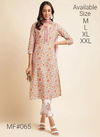White And Orange Colour Mesmora Heavy Embroidered Printed Cotton Kurti With Bottom Dupatta Surat Wholesale Market MF065