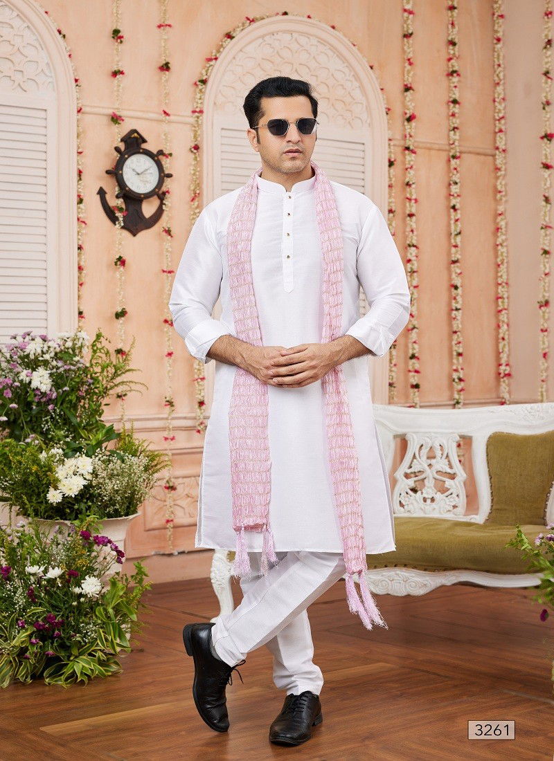 White And Pink Colour 1644 Function Wear Art Silk Mens Kurta Pajama With Dupatta Orders In India 3261